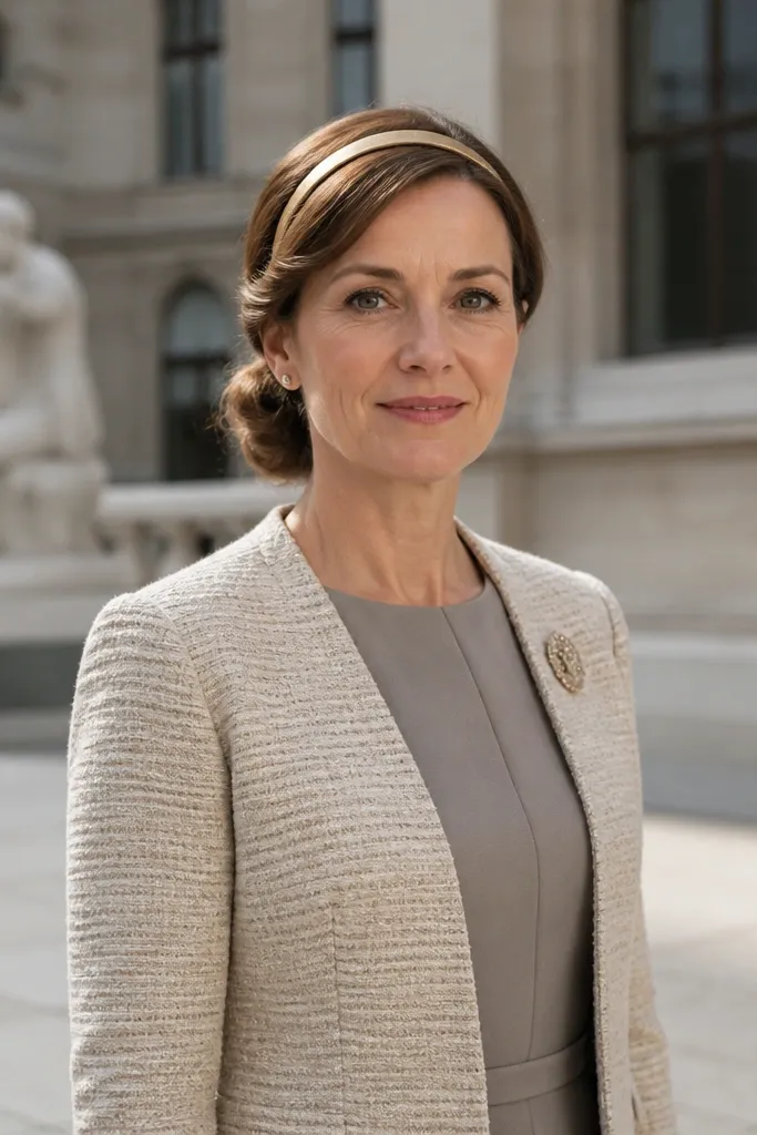 Low bun with twisted side strands and a thin headband across the forehead.