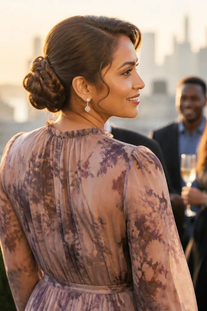 Low bun wrapped with a thin braid spiraling around the base.