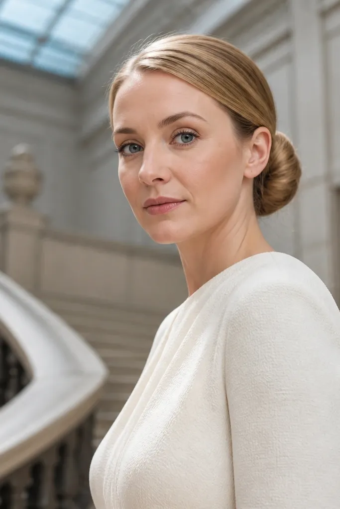 Low bun with fuller shape and a smooth outer finish.