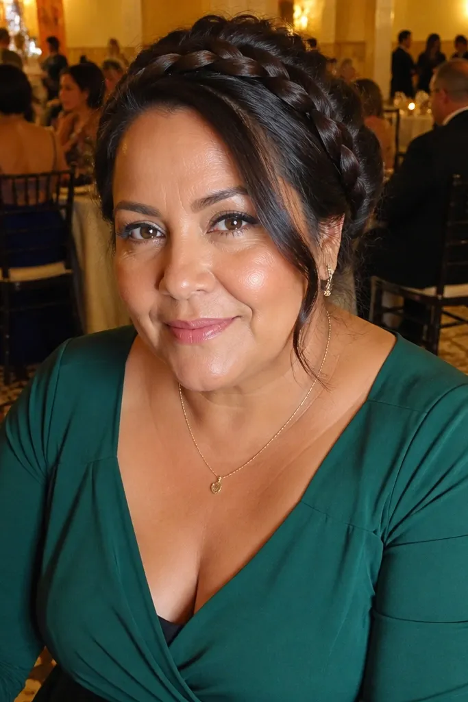 Dutch braid crown leading into a low bun with a pinned side swoop