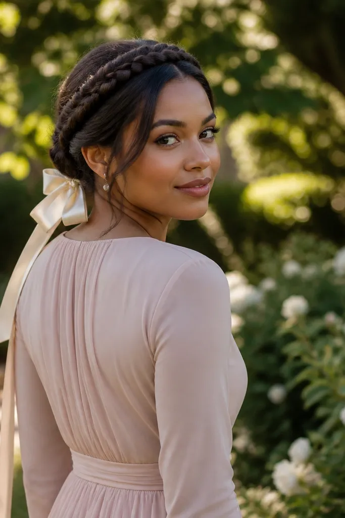 Braided halo ring around a low bun with a ribbon bow at the nape