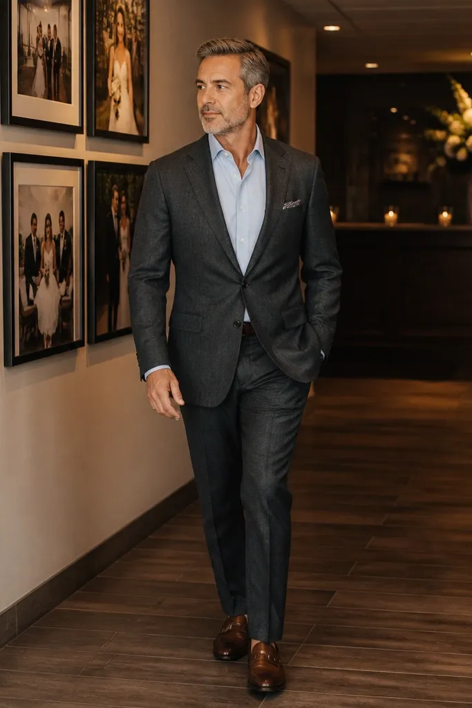 Charcoal suit with light blue shirt and brown loafers