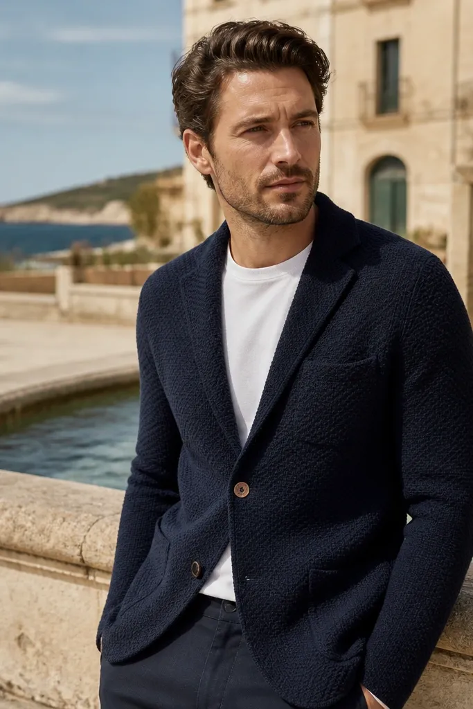 Navy knit blazer over white crewneck with navy tapered trousers