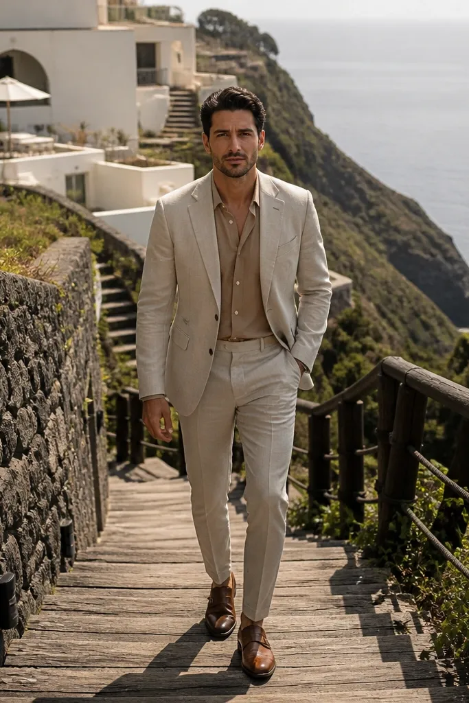Beige suit with tan shirt and cognac monk strap shoes