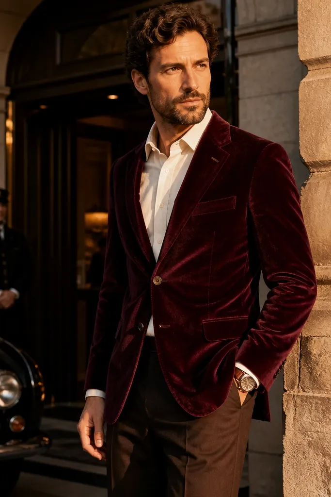 Burgundy velvet blazer with cream shirt and dark brown trousers