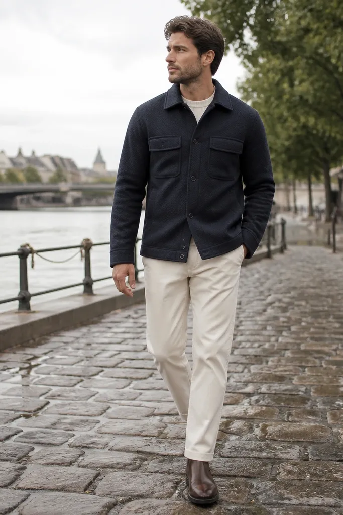 Navy shirt jacket with cream trousers and brown Chelsea boots