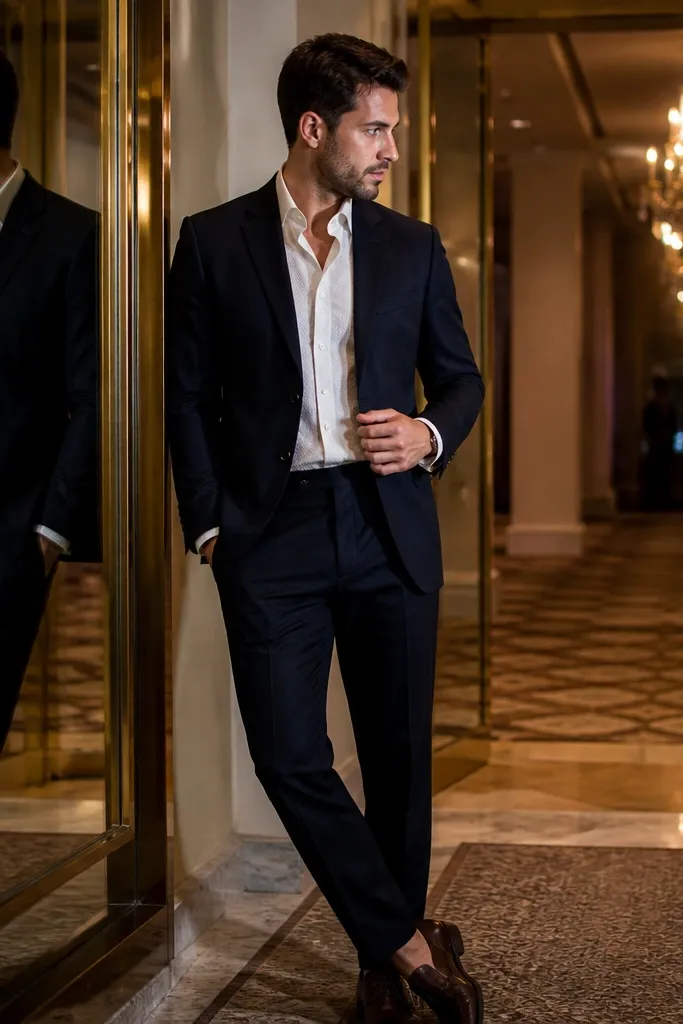 Midnight blue suit with textured white shirt and dark brown derby shoes