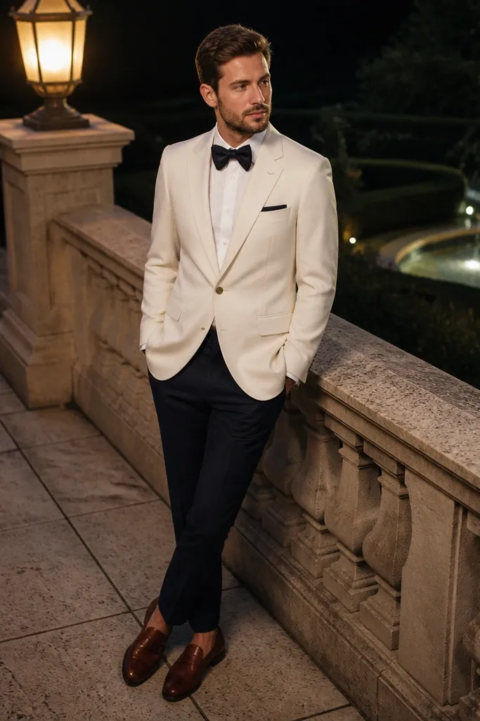 Off-white dinner jacket with navy trousers and brown loafers