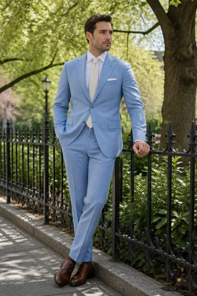 Pale blue suit with white shirt and knit tie, brown oxford shoes