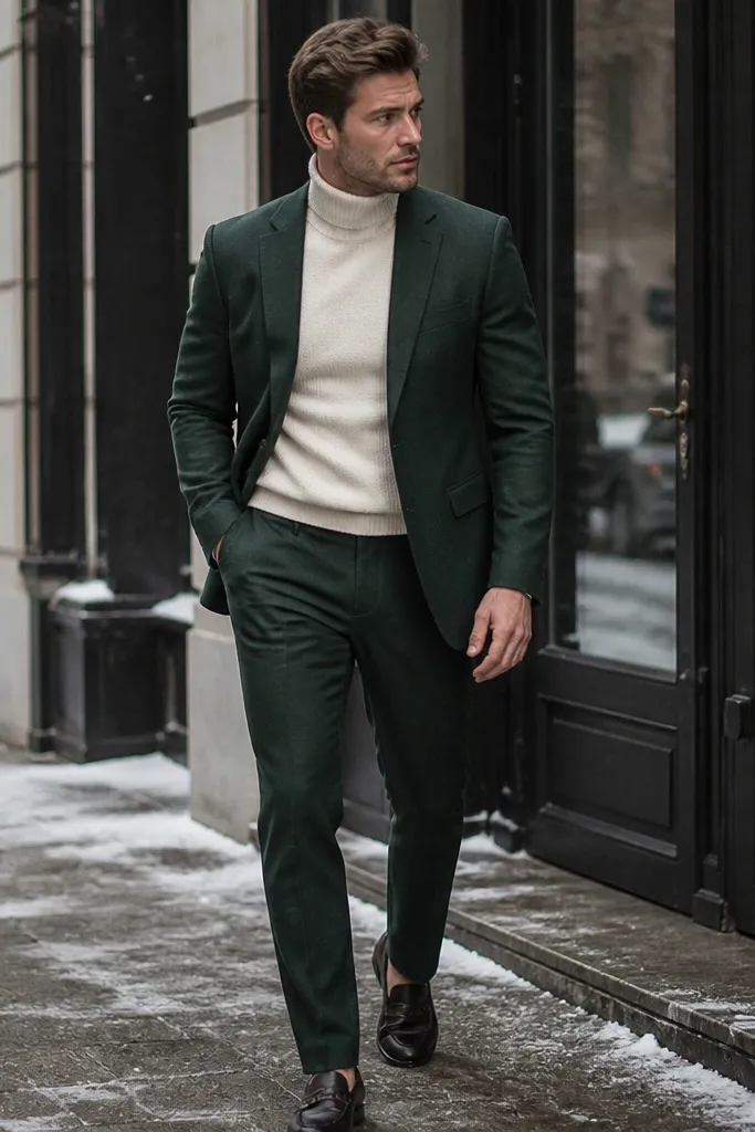 Forest green suit with cream roll-neck sweater and black loafers