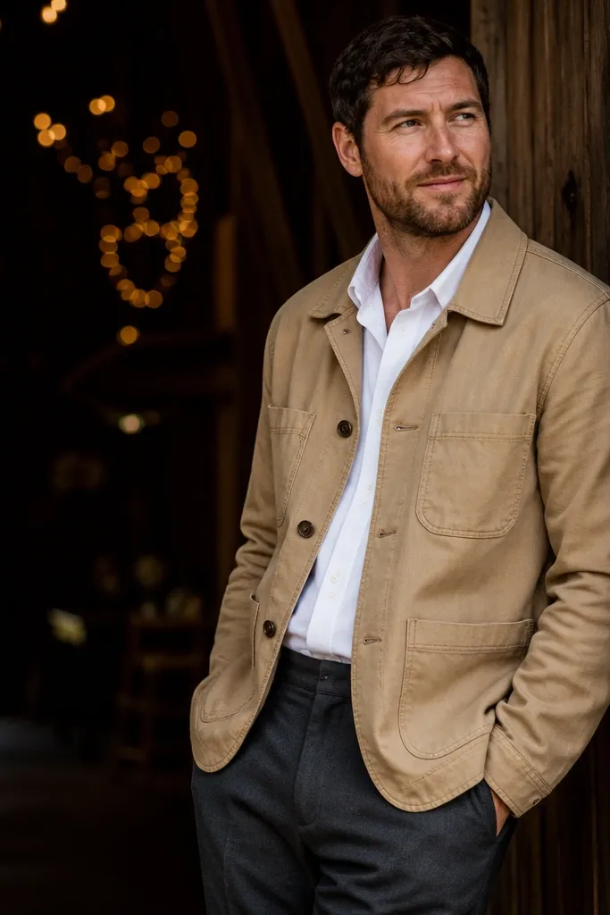 Sandstone chore jacket with white shirt and charcoal trousers