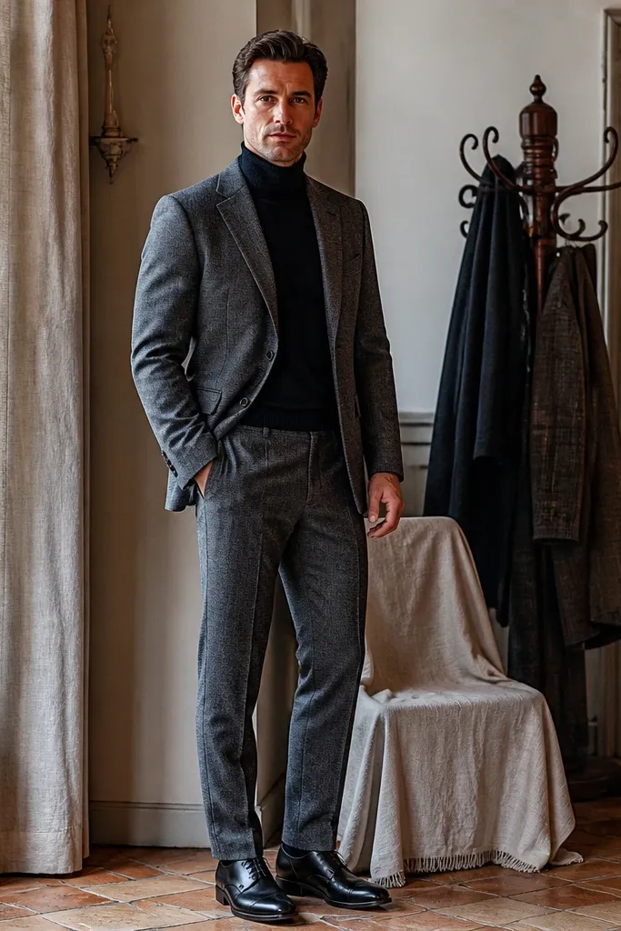 Grey flannel suit with black turtleneck and black derby shoes