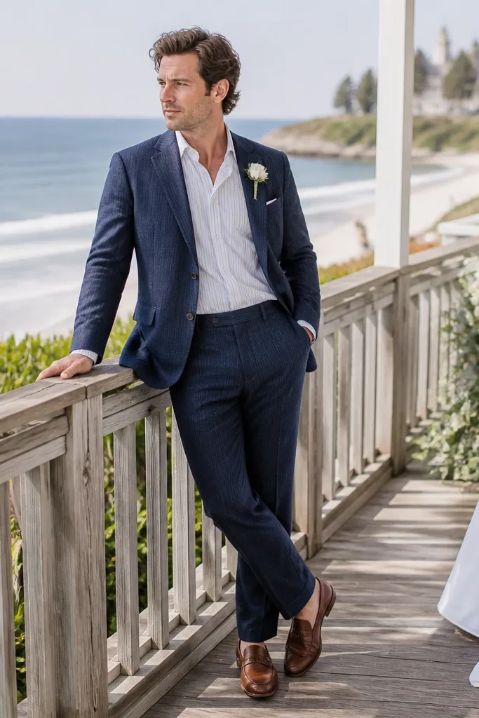 Navy seersucker suit with white striped shirt and brown loafers