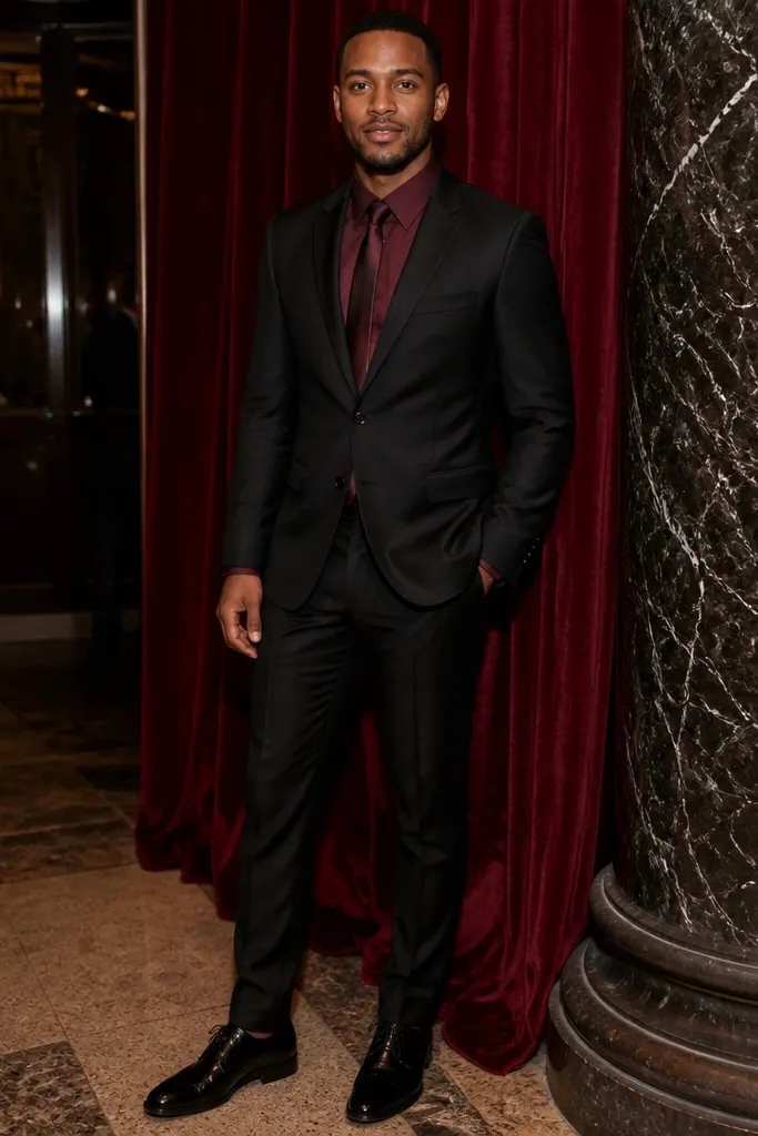 Black suit with burgundy shirt and patent toe oxfords