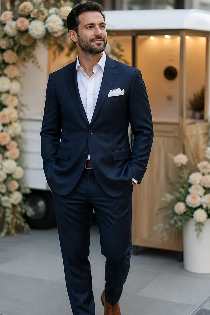 Navy blazer over white shirt with navy chinos and brown derby shoes
