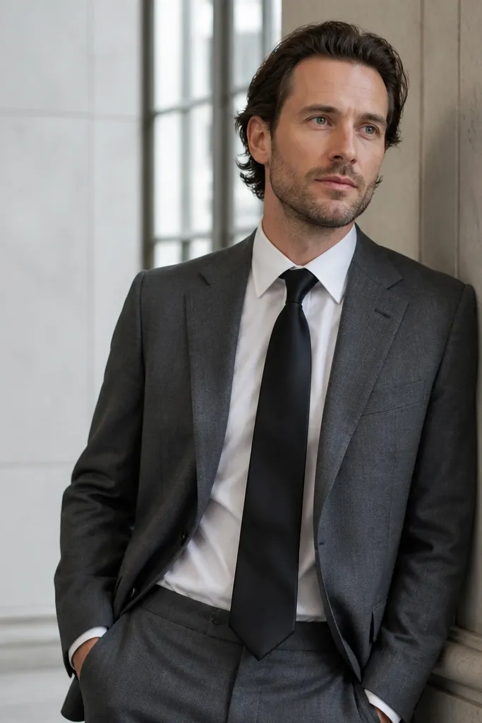 Grey suit with white shirt and black satin tie
