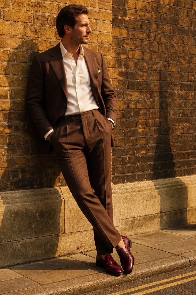 Brown suit with ivory shirt and oxblood loafers