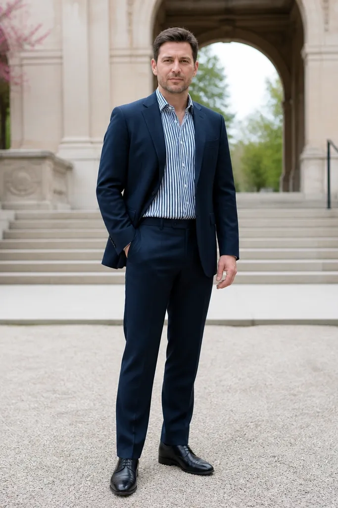 Navy suit with light grey striped shirt and black oxford shoes