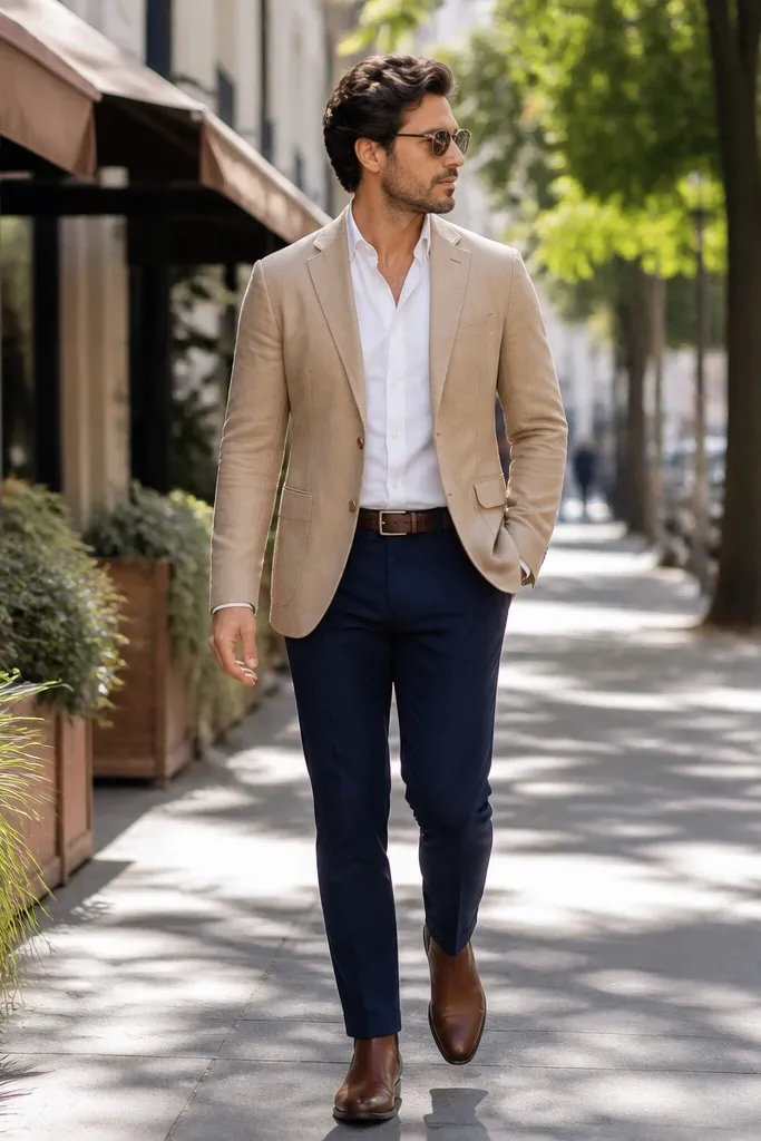 Tan blazer with white shirt, navy trousers, and brown boots