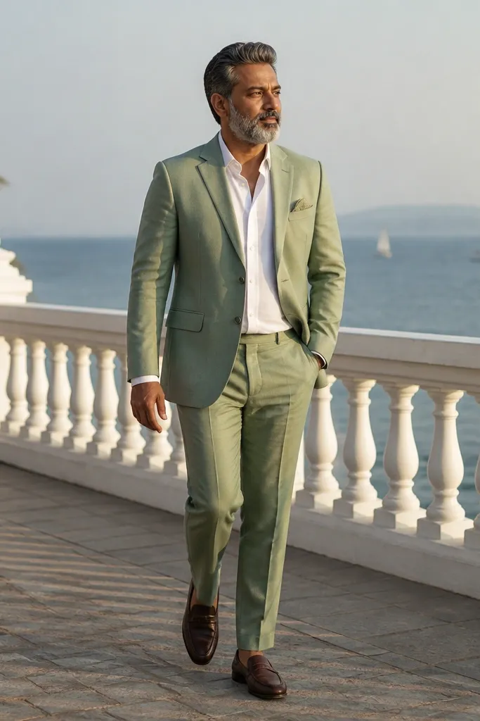 Sage green suit with white shirt and dark brown loafers