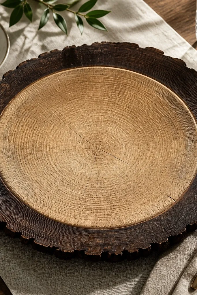 Round wood slice chargers with dark stained edges on a neutral table runner