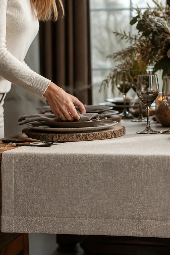 Oat linen table runner with folded hem edges across a rustic table