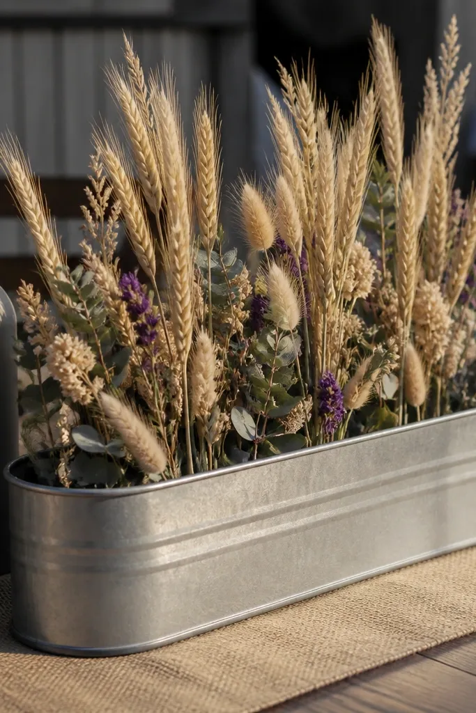 Dried floral line arrangement in a galvanized metal trough on a rustic table
