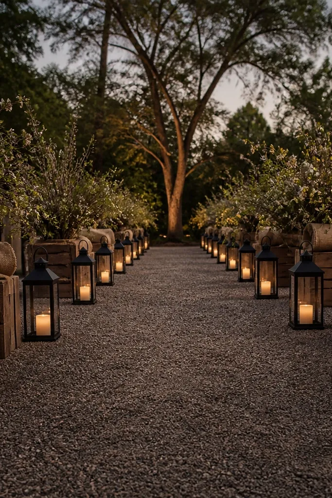 Matching lanterns with warm battery candles lining a walkway