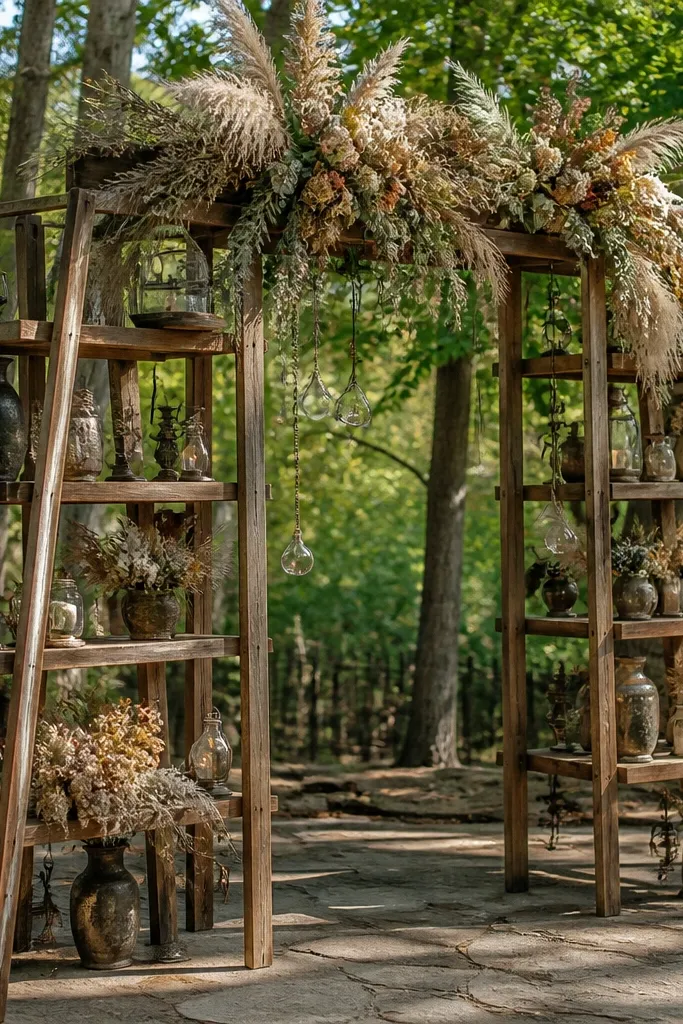A rustic arch made with wooden ladder shelves and hanging dried florals