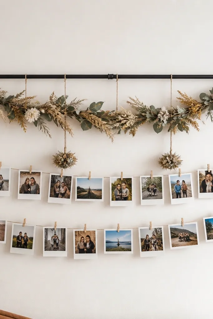 Neutral dried garland draped over a curtain rod behind a wedding backdrop