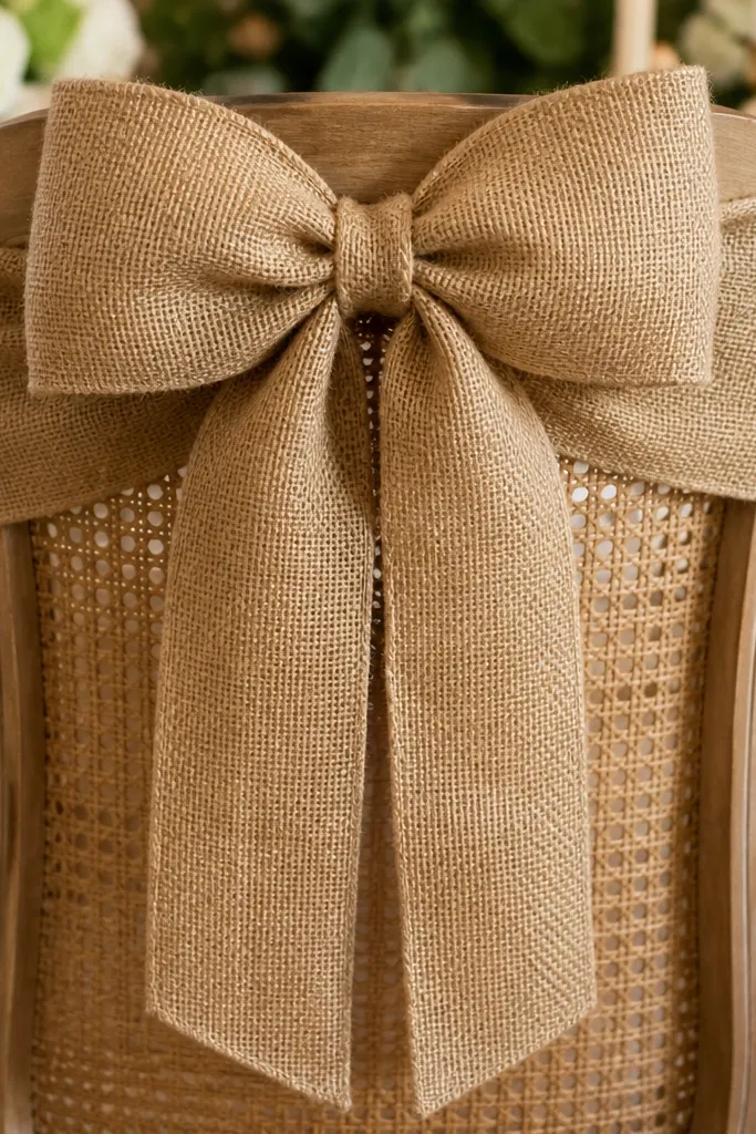 Large burlap bows with tucked tails tied around chair backs