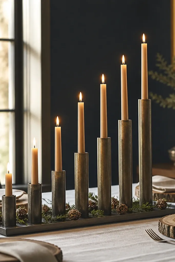 Three-tier candle arrangement on a rustic tray with varying heights