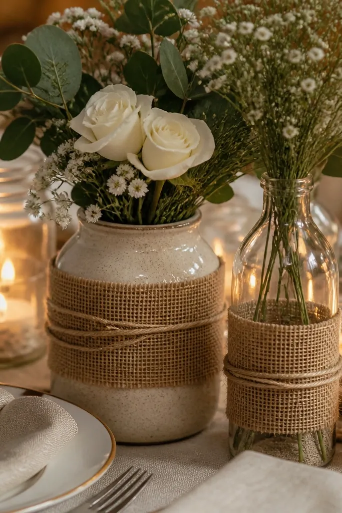 Burlap-wrapped vases tied with twine in neat bands