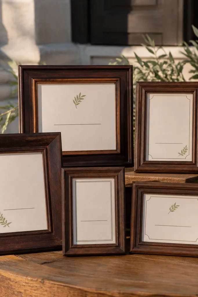 Mixed-size wooden frames with matching stain on a rustic wall backdrop