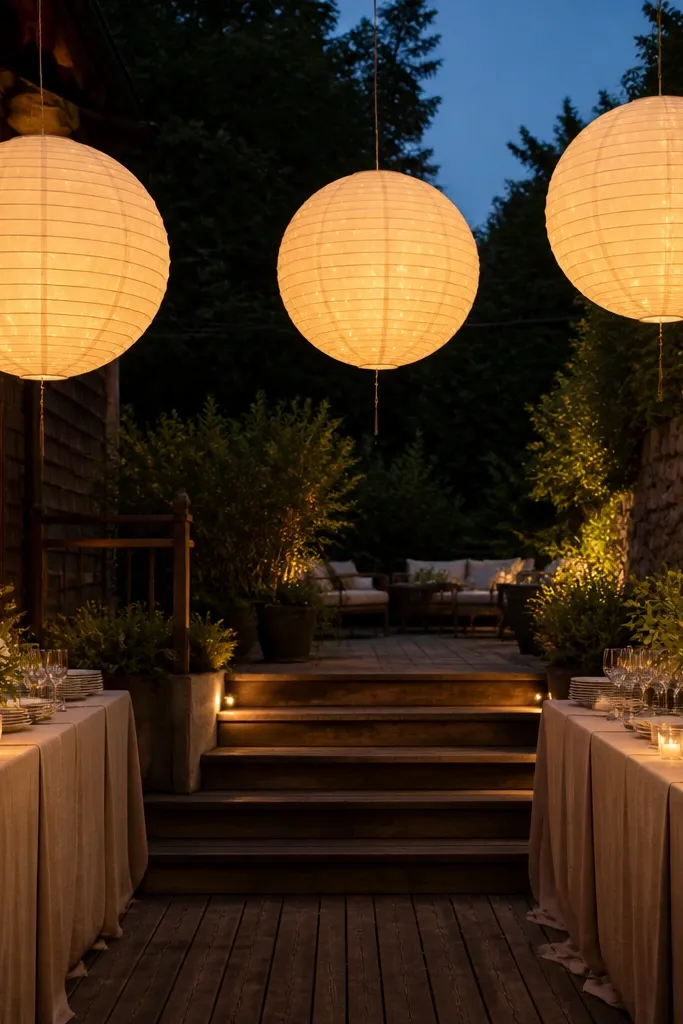 Paper lanterns glowing softly with warm string lights inside
