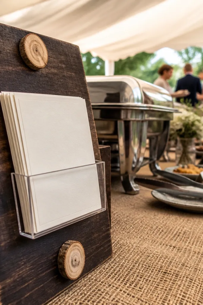 Menu board with rustic wood slice holders and cream handwritten-style text