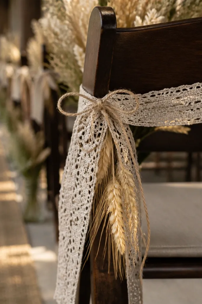 Chair back tied with lace ribbon and twine holding one dried stem