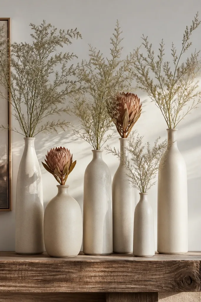 Staggered bud vases with dried stems on a long table