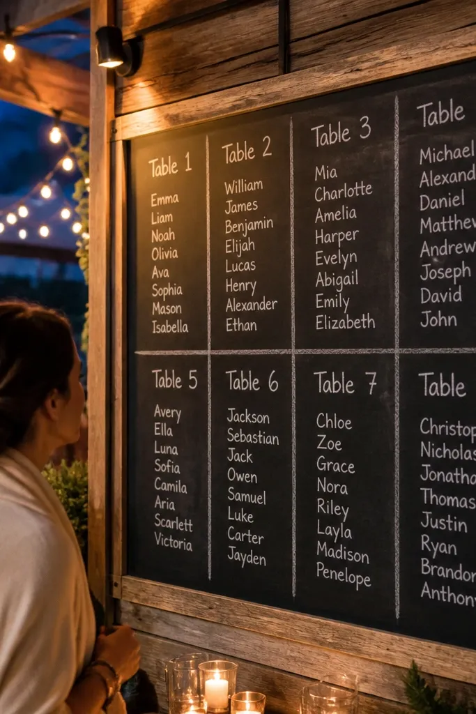 Green chalkboard with white table headers and names arranged in a neat grid