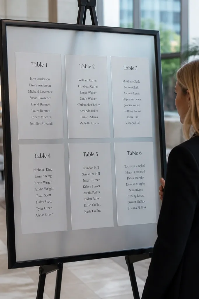 Black framed board with frosted acrylic and small name cards arranged under each table number