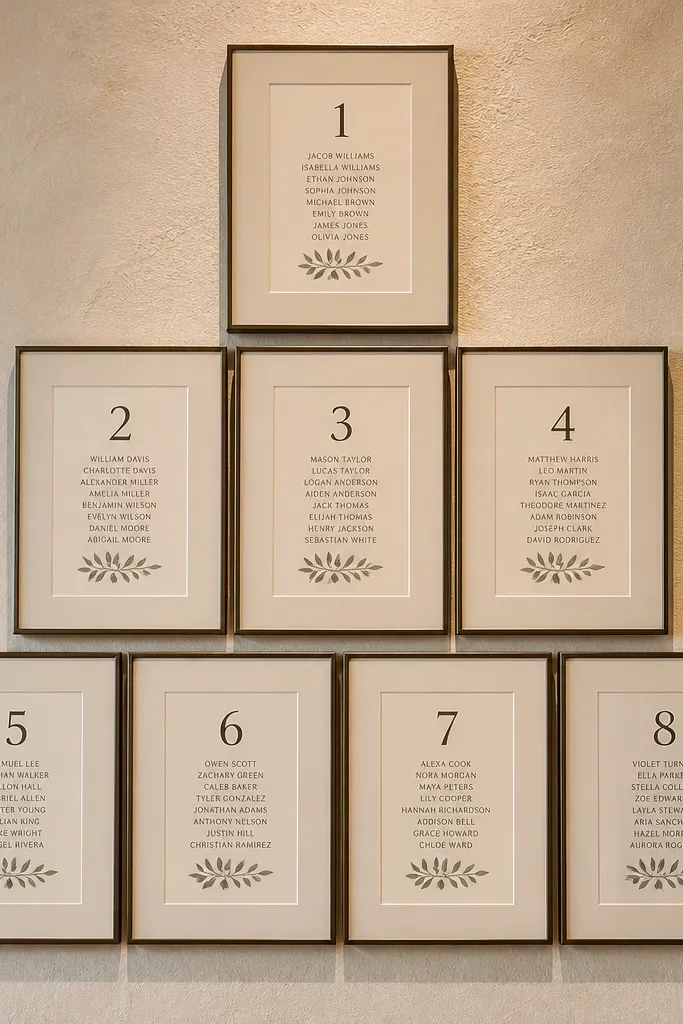 Three stacked frames on a wall with table numbers and names printed on cream mats
