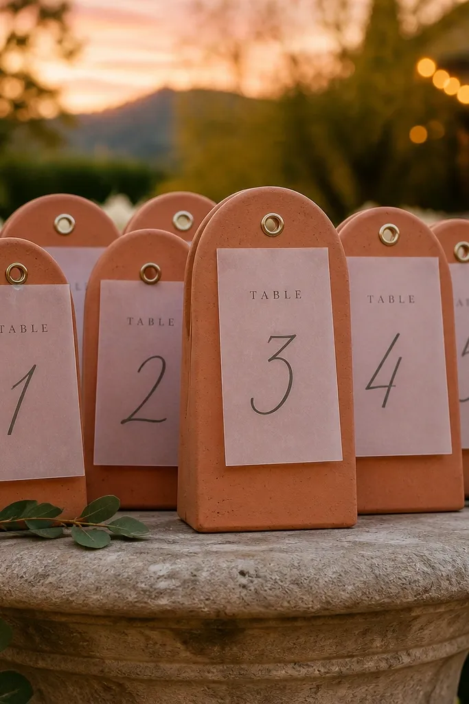 Terracotta plaques with table numbers and translucent vellum name cards clipped beneath