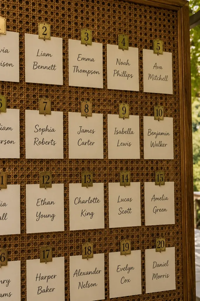 Rattan board with small numbered tags and handwritten name cards pinned neatly