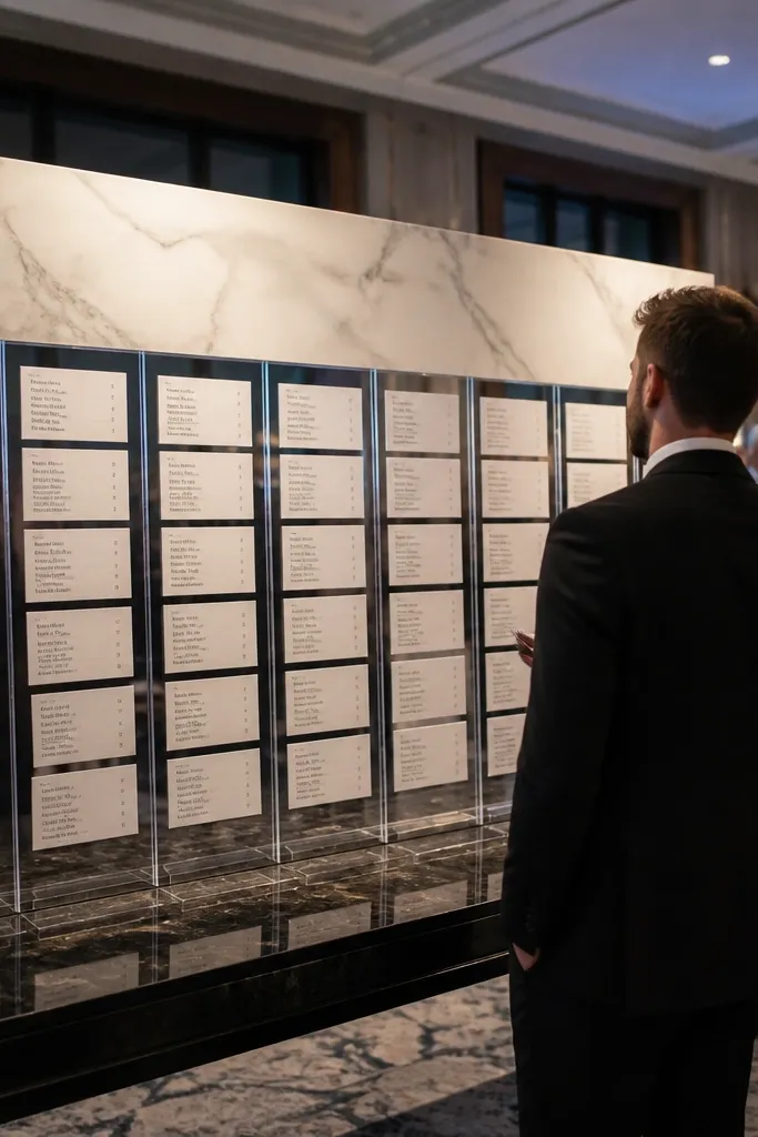 Marble-look board with bold table headers and clear acrylic dividers separating name lists