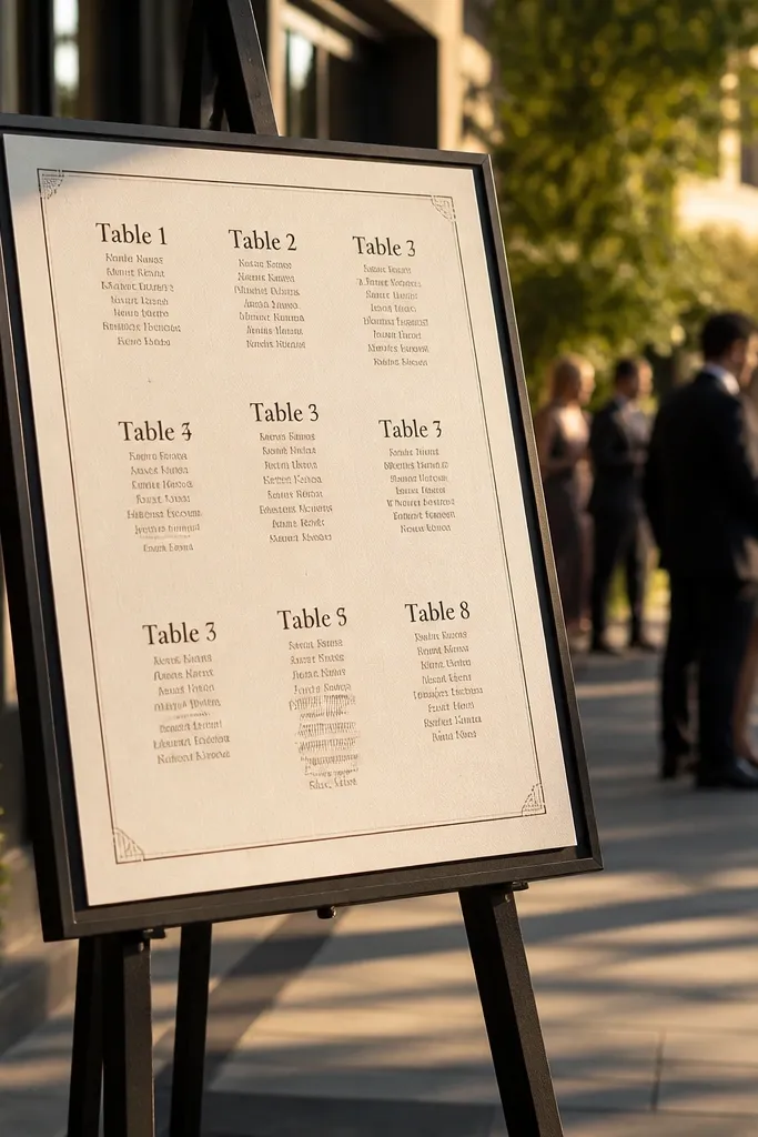 Large standing easel with framed table numbers and names formatted like a restaurant menu