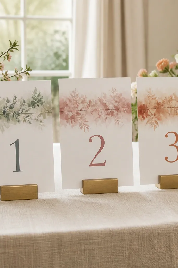 Cream cards with watercolor bands and table header cards listing names in neat rows