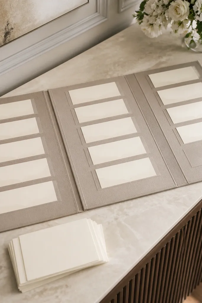 Folded board with clear pocket sleeves, each pocket holding a table's name list