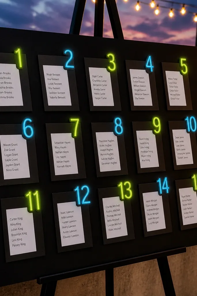 Black cardstock seating chart with bright neon table numbers and white name lists