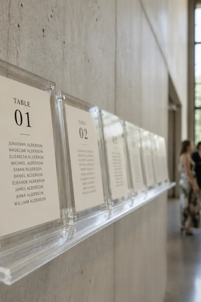 Long clear shelf holding small framed table sections with names inside