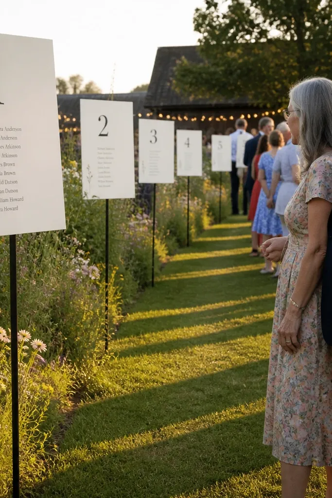 Large table-number cards on stakes with name slips clipped below each table